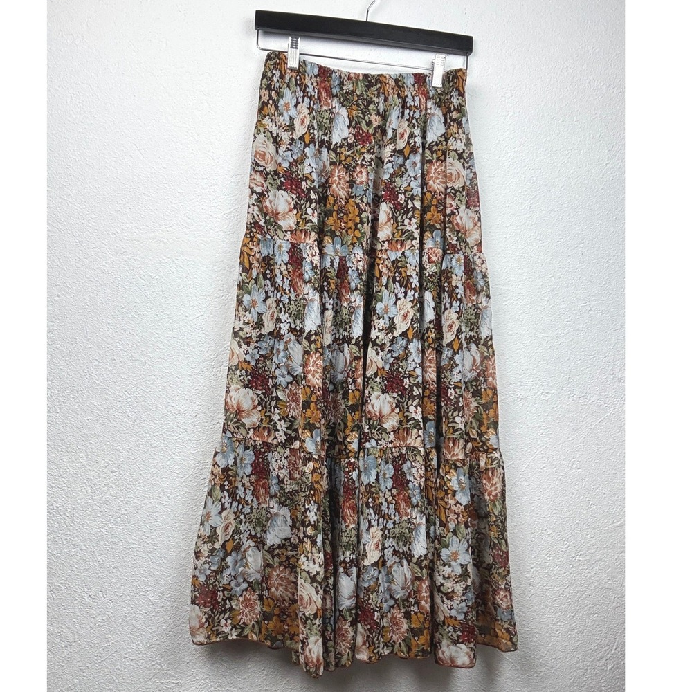 Nashalyly Brown Floral Maxi Skirt - L - Tiered Elastic Waist Boho Cottagecore
